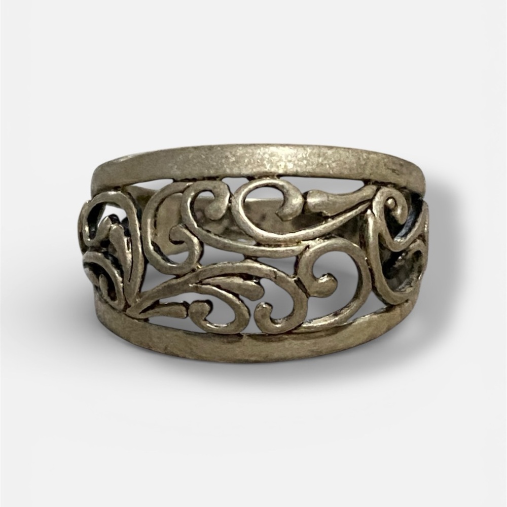 Vintage Sterling Silver 925 Wide Filigree Scroll Band Ring Ornate Boho